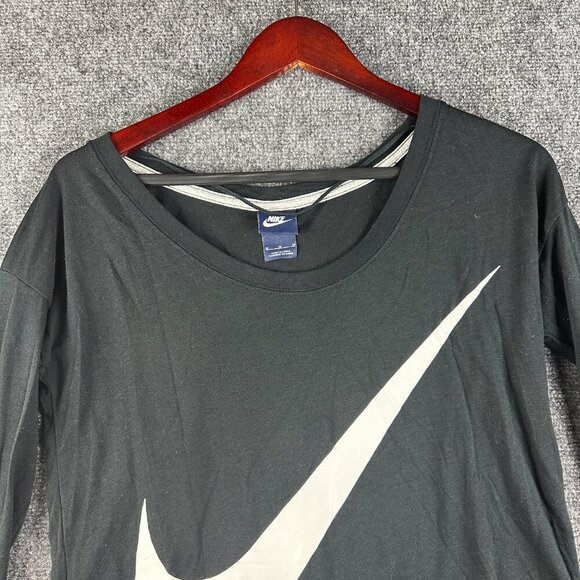 Nike Top Womens Medium Black White Swoosh Logo Tee Long Sleeve Curved Hem - Picture 3 of 8